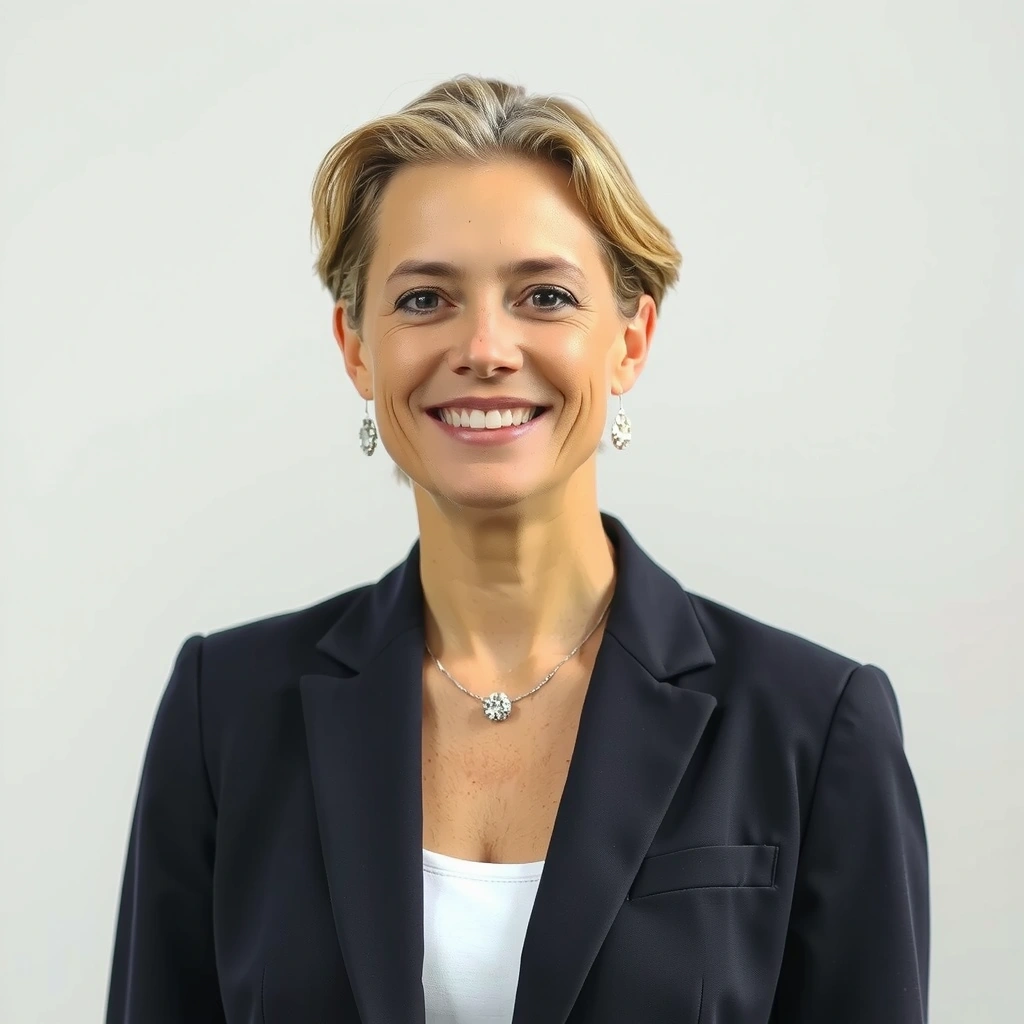 Portrait of a smiling female founder, radiating calm and wisdom.