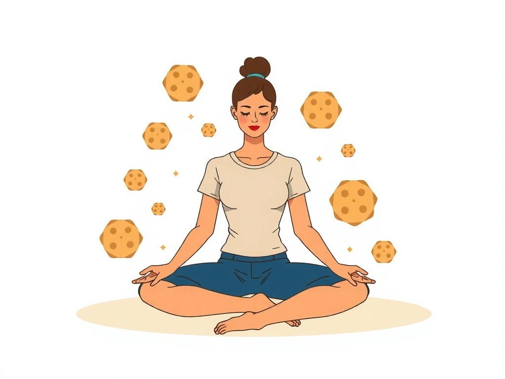 Illustration of a person meditating with abstract cookie icons floating around them, representing digital privacy and data management.