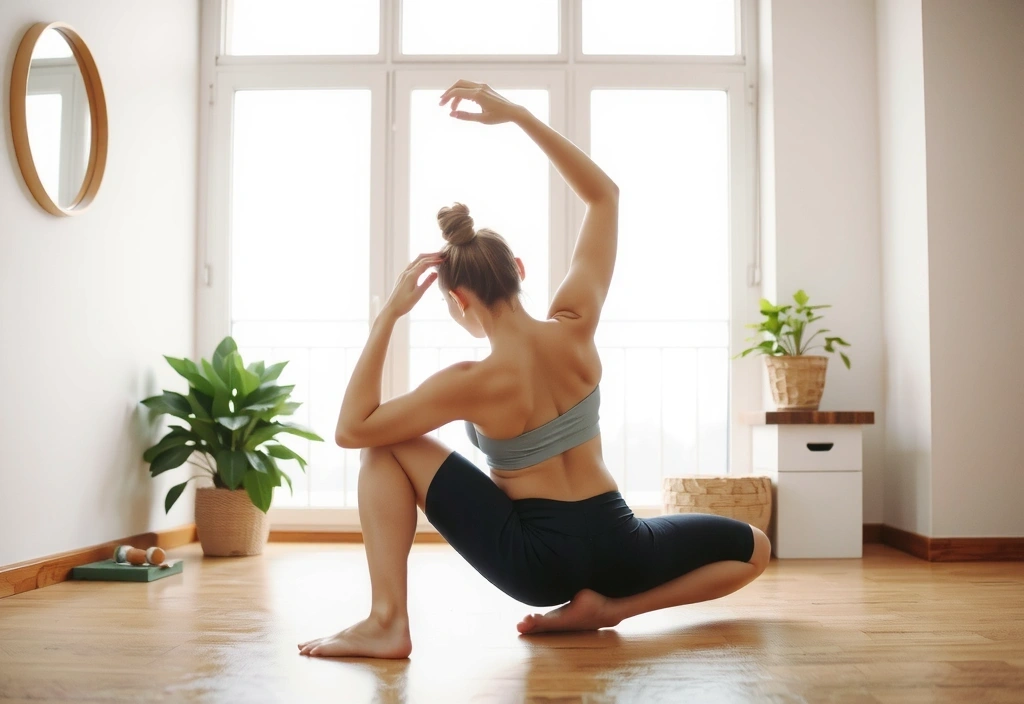 A person stretching gently in a morning light, emphasizing flexibility.