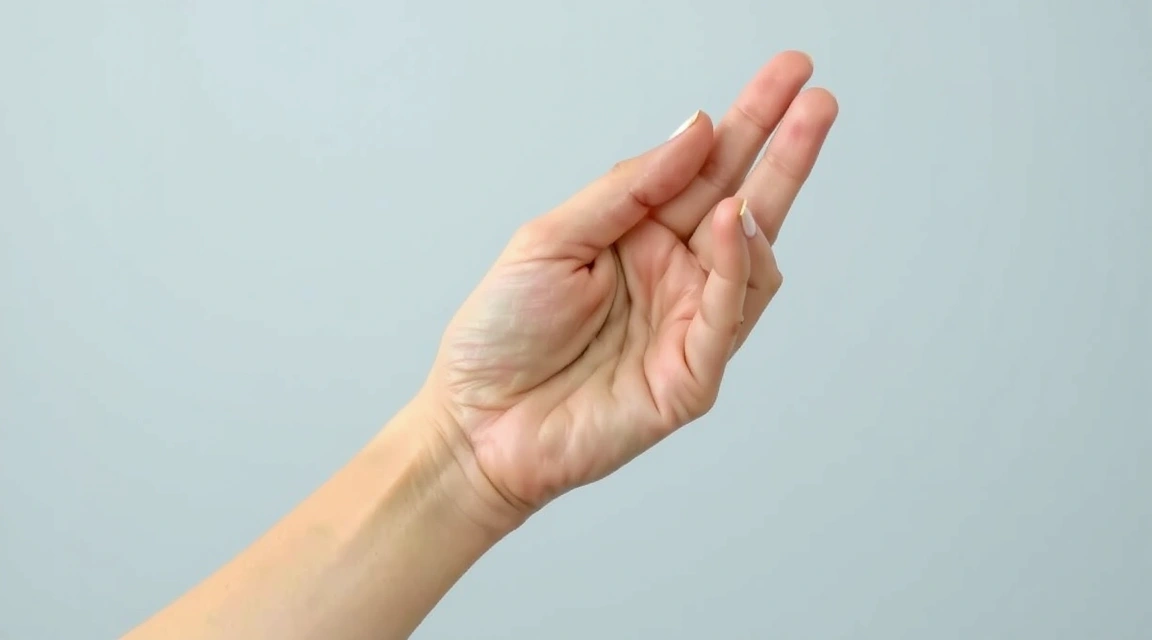 Close-up of a hand performing Nadi Shodhana mudra, gently closing one nostril with the thumb and the other with the ring finger, demonstrating alternate nostril breathing. Soft focus on the hand and serene background.